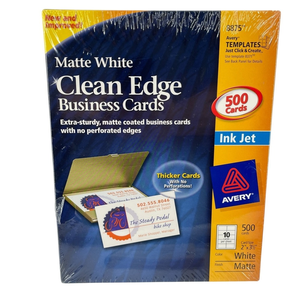 Avery 8875 Clean Edge Business Cards 2"x3½" Matte White 500 Cards Ink Jet
